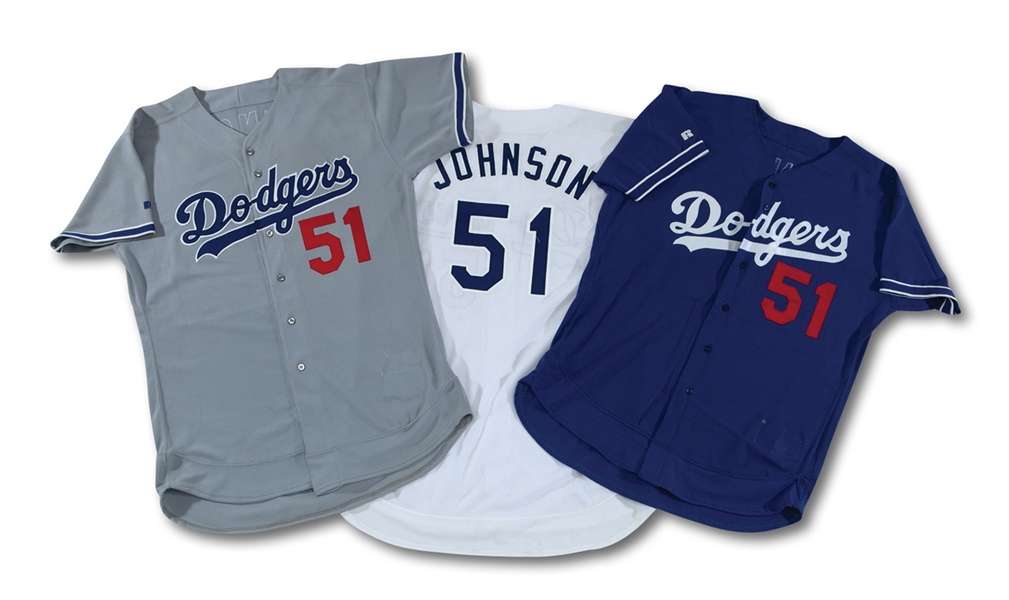 RANDY JOHNSON TRIO OF 1998 LOS ANGELES DODGERS HOME, ROAD AND PRACTICE GAME ISSUED JERSEYS - TRADED TO HOUSTON ASTROS INSTEAD (DODGERS LOAS)