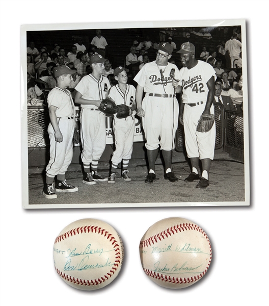 JACKIE ROBINSON AND DON NEWCOMBE PAIR OF AUTOGRAPHED BASEBALLS FROM HAPPY FELTONS KNOT HOLE GANG SHOW WITH RELATED ORIGINAL PHOTO