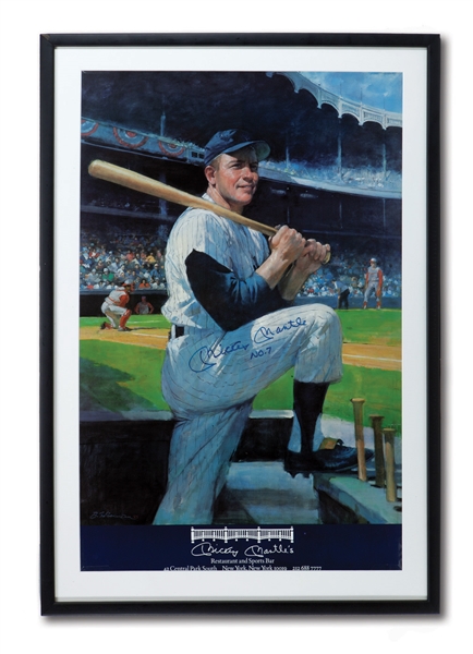MICKEY MANTLE AUTOGRAPHED FRAMED POSTER FROM MICKEY MANTLE’S RESTAURANT (NYC) WITH ENORMOUS 9" AUTOGRAPH AND ADDED INSCRIPTION “NO. 7”