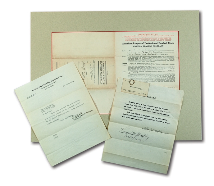 JOHNNY MURPHYS SIGNED 1929 NEW YORK YANKEES (FIRST MLB) PLAYERS CONTRACT AND RELATED AGREEMENT DOCUMENTS (JOHNNY MURPHY COLLECTION)