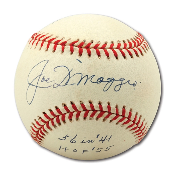 JOE DIMAGGIO SINGLE SIGNED LIMITED EDITION OAL (BUDIG) BASEBALL INSCRIBED WITH MULTIPLE STATS & AWARDS