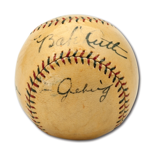 SPECTACULAR BABE RUTH, LOU GEHRIG, TY COBB AND TONY LAZZERI SIGNED OAL (JOHNSON) BASEBALL WITH FASCINATING COBB PROVENANCE