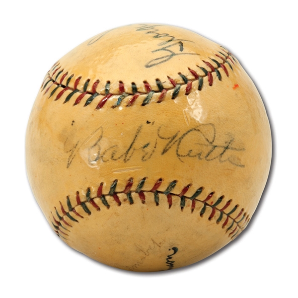 FINE BABE RUTH, LOU GEHRIG, TY COBB, GEORGE SISLER & TONY LAZZERI (PLUS 1 OTHER) MULTI-SIGNED OAL (JOHNSON) BASEBALL WITH FASCINATING COBB PROVENANCE