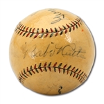 FINE BABE RUTH, LOU GEHRIG, TY COBB, GEORGE SISLER & TONY LAZZERI (PLUS 1 OTHER) MULTI-SIGNED OAL (JOHNSON) BASEBALL WITH FASCINATING COBB PROVENANCE