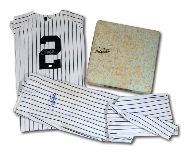 MILESTONE 7/22/2014 DEREK JETER SIGNED NEW YORK YANKEES GAME WORN HOME UNIFORM AND SIGNED 2ND BASE BAG USED TO BREAK LOU GEHRIGS FRANCHISE DOUBLES RECORD! (STEINER LOA, MLB AUTH.)