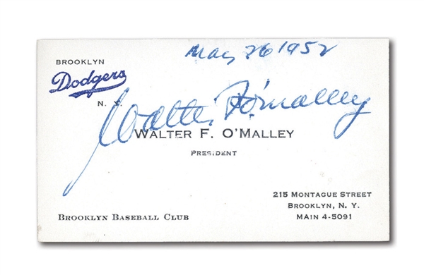 5/26/1952 WALTER OMALLEY SIGNED BROOKLYN DODGERS BUSINESS CARD