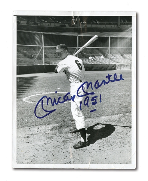 1951 MICKEY MANTLE ORIGINAL UPI ROOKIE WIRE PHOTO AUTOGRAPHED BY MANTLE WITH "1951" NOTATION