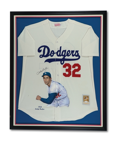 SANDY KOUFAX SIGNED MITCHELL & NESS 1958 LOS ANGELES DODGERS HOME JERSEY WITH HAND-PAINTED PORTRAIT BY DOO S. OH (FRAMED)