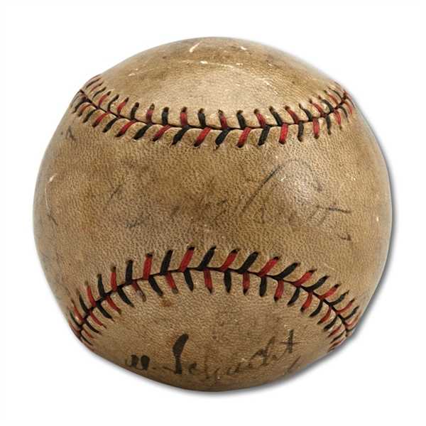 1927 WORLD SERIES (NEW YORK YANKEES VS. PITTSBURGH PIRATES) GAME USED BASEBALL SIGNED BY MEMBERS OF BOTH TEAMS INCL. RUTH & GEHRIG