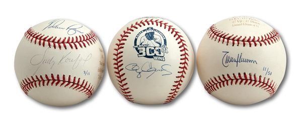 SANDY KOUFAX & NOLAN RYAN DUAL SIGNED STATS INSCRIBED BASEBALL, RANDY JOHNSON SIGNED STATS BALL, AND ROGER CLEMENS SIGNED BALL
