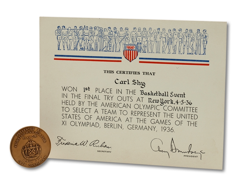 CARL SHYS CERTIFICATE FOR BEING NAMED MEMBER OF 1ST U.S. OLYMPIC BASKETBALL TEAM AND MEDALLION RECEIVED FOR WINNING GOLD MEDAL AT 1936 BERLIN OLYMPICS (SHY FAMILY LOA)
