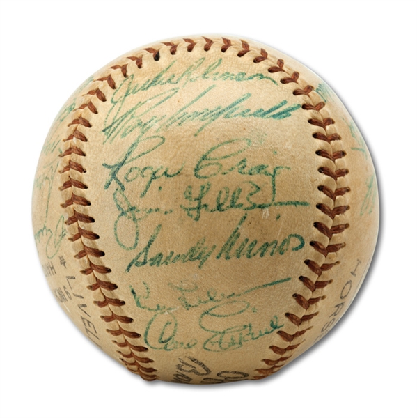 1956 NATIONAL LEAGUE CHAMPION BROOKLYN DODGERS BASEBALL SIGNED BY 16 INC. ROBINSON, CAMPANELLA, DRYSDALE, HODGES, ALSTON