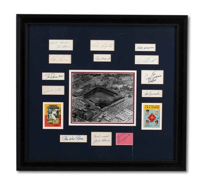 BROOKLYN DODGERS FRAMED CUT SIGNATURE AND AUTOGRAPHED TRADING CARD DISPLAY FEATURING (16) SIGNATURES INCL. ROBINSON, KOUFAX, ETC.