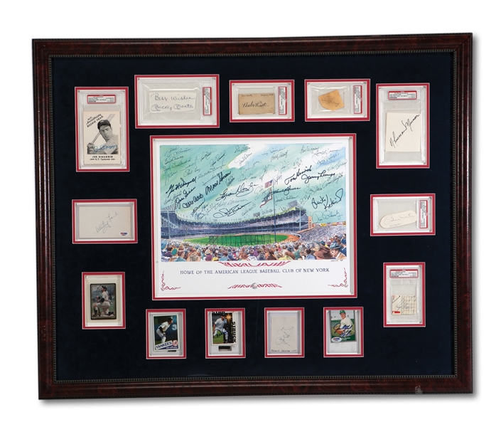 ELABORATE NEW YORK YANKEES LEGENDS FRAMED DISPLAY FEATURING APPROX. 58 AUTOGRAPHS INCL. RUTH, GEHRIG, DIMAGGIO, MANTLE, MARIS, MUNSON, JETER, ETC. 