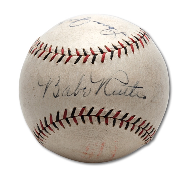 C.1929 BABE RUTH AND LOU GEHRIG DUAL SIGNED ONL (HEYDLER) BASEBALL (PSA/DNA NM-MT 8) - SECOND HIGHEST GRADED EXAMPLE!