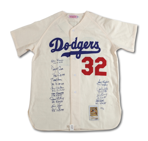 SANDY KOUFAX BROOKLYN DODGERS REPLICA JERSEY AUTOGRAPHED AND INSCRIBED (LE #PP3/9) BY 11 PERFECT GAME PITCHERS