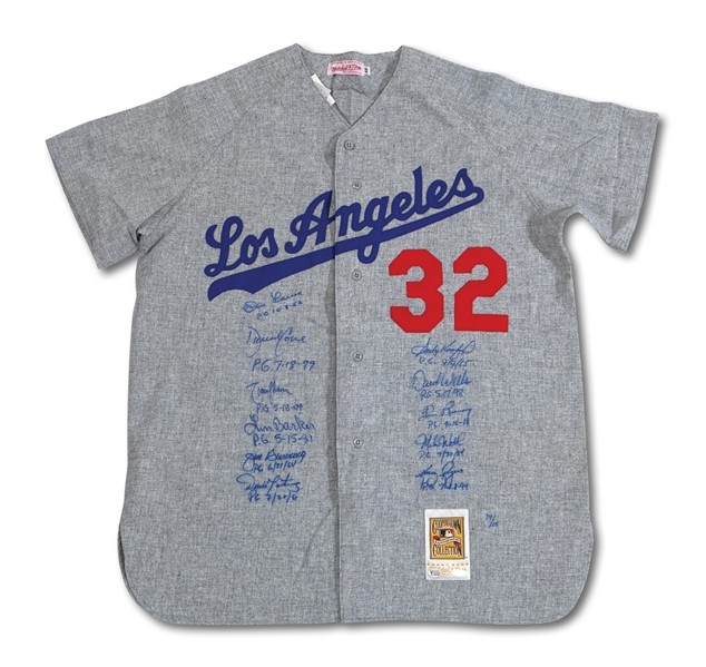 SANDY KOUFAX LOS ANGELES DODGERS REPLICA ROAD JERSEY AUTOGRAPHED AND INSCRIBED (LE #14/15) BY 11 PERFECT GAME PITCHERS