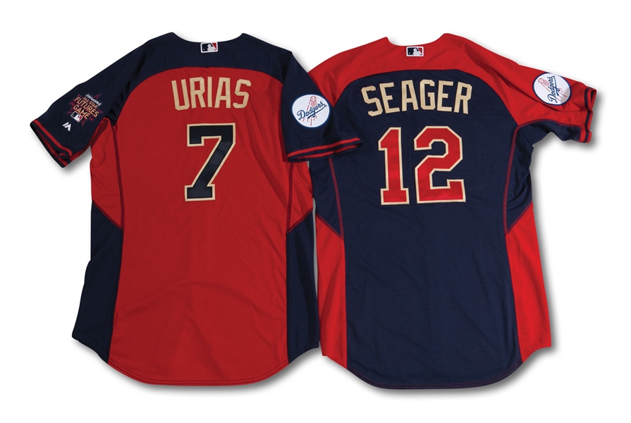2014 COREY SEAGER AND JULIO URIAS (L.A. DODGERS TOP PROSPECTS) PAIR OF MLB ALL-STAR FUTURES GAME WORN BP JERSEYS (MLB AUTH.)