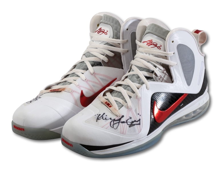 5/28/2012 LEBRON JAMES DUAL SIGNED PAIR OF EASTERN CONFERENCE FINALS (VS. BOSTON) GAME 1 WORN "LEBRON 9.5" SHOES - 32 POINTS & 13 REB. IN WIN (SOURCED FROM HEAT)