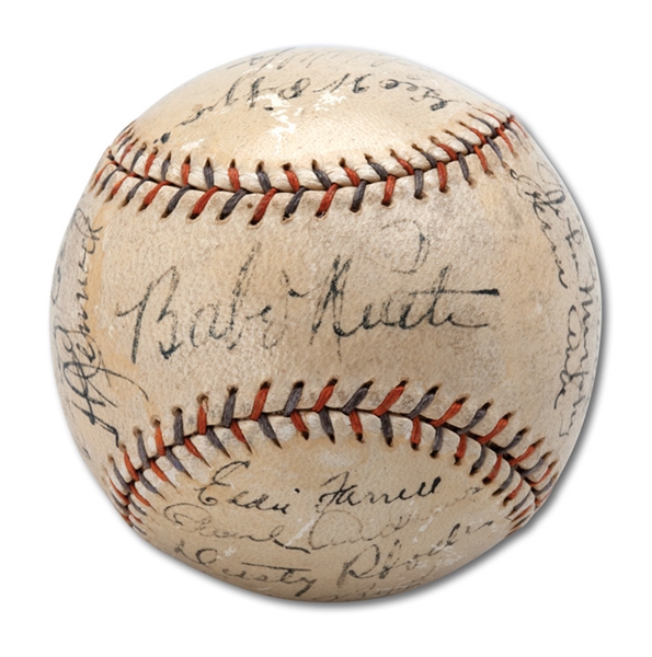 1932 WORLD CHAMPION NEW YORK YANKEES TEAM SIGNED BASEBALL INCL. RUTH AND GEHRIG (PSA/DNA GRADED 5.5)