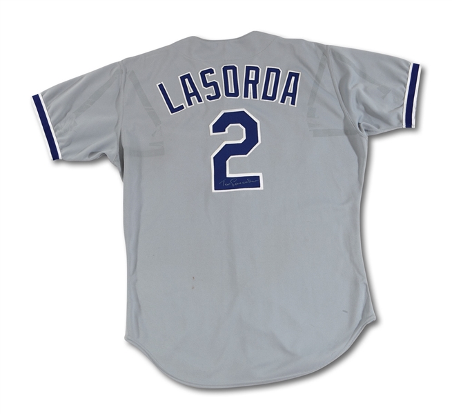 1988 TOMMY LASORDA DOUBLE SIGNED LOS ANGELES DODGERS (WORLD SERIES SEASON) GAME WORN ROAD MANAGERS JERSEY