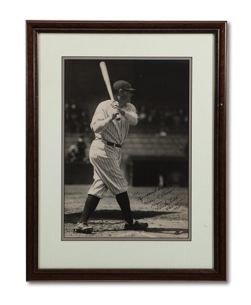 EXTRAORDINARY DECEMBER 25TH, 1927 BABE RUTH OVERSIZED 12"X17" PHOTOGRAPH MAGNIFICENTLY INSCRIBED "TO MY SECOND DAD HARRY M. STEVENS" ONE OF THE FINEST RUTH SIGNED PHOTOS EXTANT (PSA/DNA 10 GEM MINT)