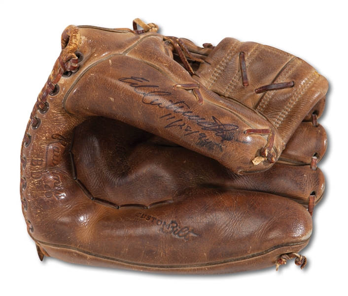 1957 EDDIE MATHEWS SIGNED & INSCRIBED WORLD SERIES GAME USED RAWLINGS FIELDERS GLOVE WITH IMPECCABLE DOCUMENTATION (MATHEWS LOA)