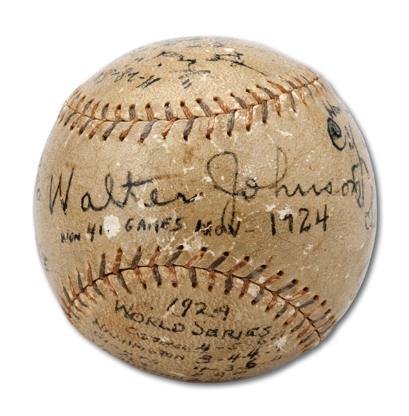 UNIQUE AND IMPORTANT BASEBALL AUTOGRAPHED BY (10) OF BASEBALLS ALL-TIME GREAT PITCHERS INCL. JOHNSON, ALEXANDER, YOUNG, NICHOLS, ETC. (INCREDIBLE ORIGINAL OWNER DOCUMENTATION)