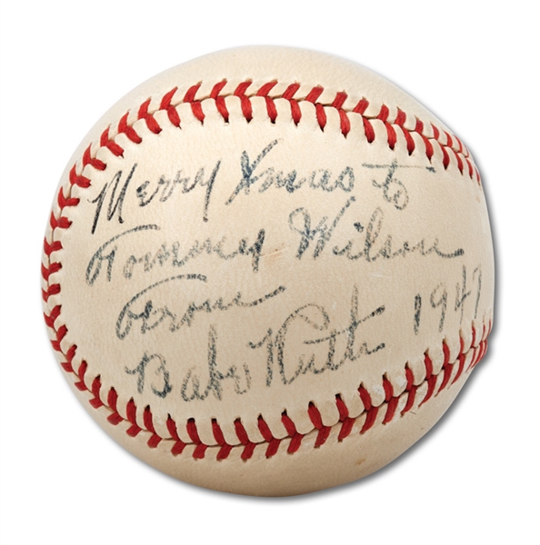 OUTSTANDING 1947 BABE RUTH SINGLE SIGNED AND INSCRIBED "MERRY XMAS" BASEBALL (RUTHS LAST CHRISTMAS)