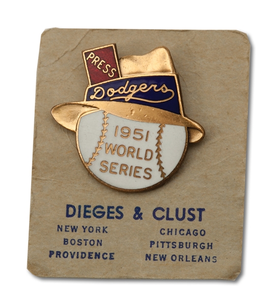 SCARCE 1951 BROOKLYN DODGERS PHANTOM WORLD SERIES PRESS PIN WITH ORIGINAL PAPER BACKING (DODGERS EMPLOYEE PROVENANCE)