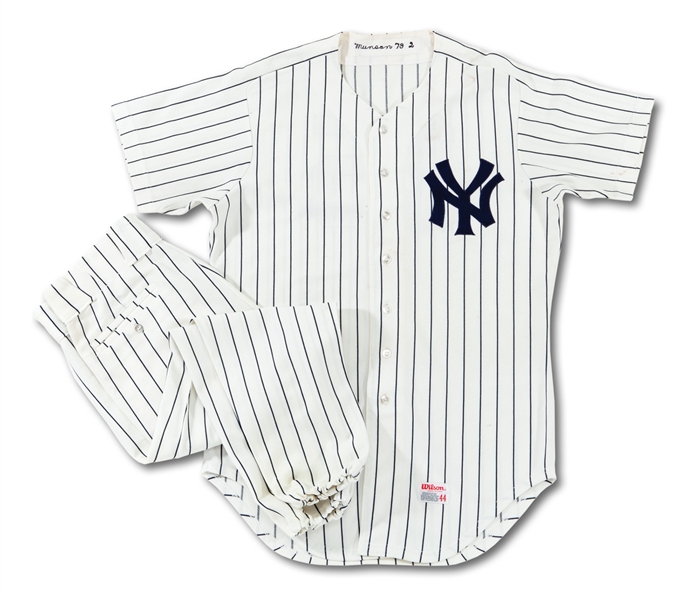IMPORTANT 1979 THURMAN MUNSON NEW YORK YANKEES GAME WORN HOME UNIFORM (ONE OF THE LAST UNIFORMS WORN BY MUNSON) (MEARS A10, LOA FROM MUNSON ESTATE)