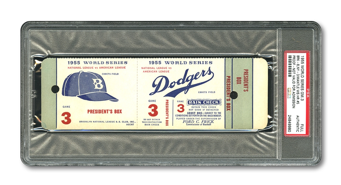 1955 WORLD SERIES (BROOKLYN DODGERS VS. NEW YORK YANKEES) GAME 3 PRESIDENTS BOX FULL PROOF TICKET (PSA AUTHENTIC)
