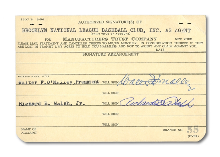 C.1950S WALTER F. OMALLEY AND RICHARD B. WALSH DUAL SIGNED BROOKLYN DODGERS SIGNATURE AUTHORIZATION FORM ISSUED BY TEAMS BANK