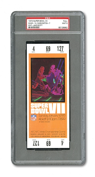 1973 SUPER BOWL VII (MIAMI 14 - WASHINGTON 7) FULL TICKET MINT PSA 9 - HIGHEST GRADED IN HOBBY (1/1)