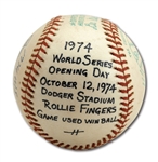 OCT. 12, 1974 ROLLIE FINGERS SIGNED WORLD SERIES GAME USED BASEBALL FROM HIS GAME 1 WIN (MEARS LOA)