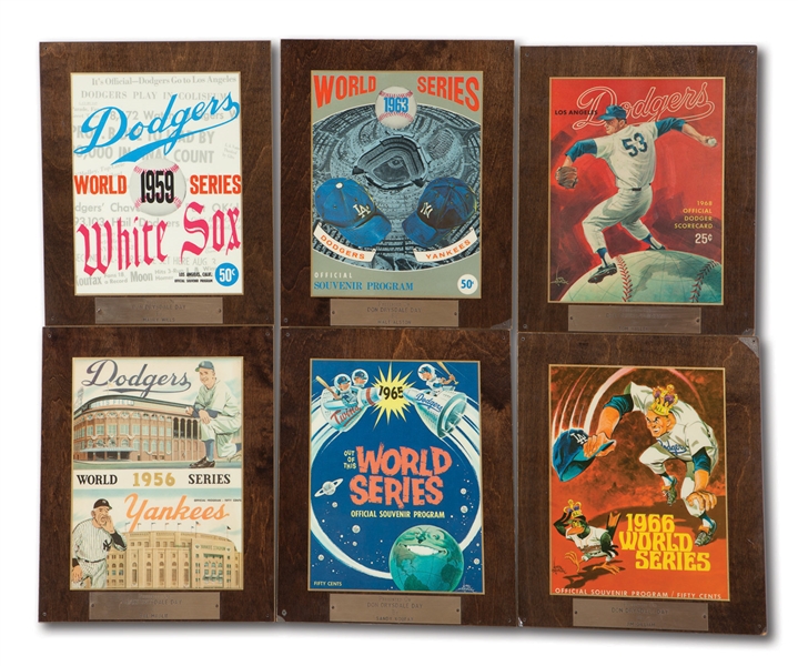 DON DRYSDALES 9/28/69 LOT OF (6) LAMINATED DODGERS WORLD SERIES PROGRAM COVERS AWARDED ON DON DRYSDALE DAY AT DODGER STADIUM (DRYSDALE COLLECTION)