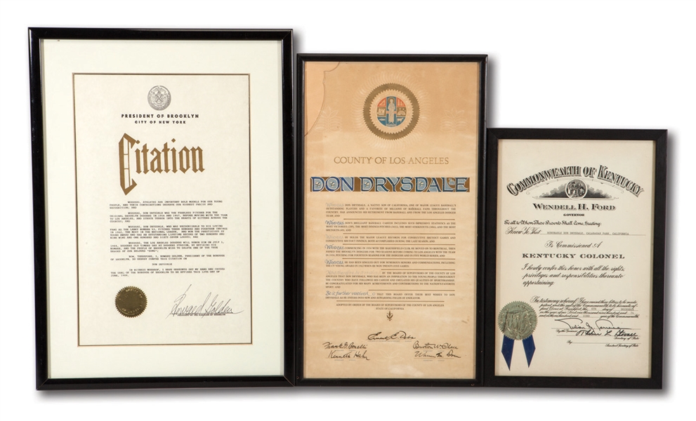 DON DRYSDALES TRIO OF 1969, 1974 & 1984 CAREER ACHIEVEMENT CERTIFICATES FROM L.A. COUNTY BOARD, KENTUCKY GOVERNOR & BROOKLYN BOROUGH PRESIDENT (DRYSDALE COLLECTION)