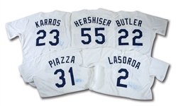 DON DRYSDALES LOT OF (5) 1993 LOS ANGELES DODGERS GAME ISSUED & SIGNED HOME JERSEYS INCL. PIAZZA, HERSHISER, LASORDA, KARROS & BUTLER (DRSYDALE COLLECTION)