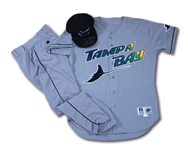 1999 WADE BOGGS TAMPA BAY DEVIL RAYS GAME WORN AND SIGNED FULL ROAD UNIFORM - JERSEY, PANTS & CAP (BOGGS COAS)