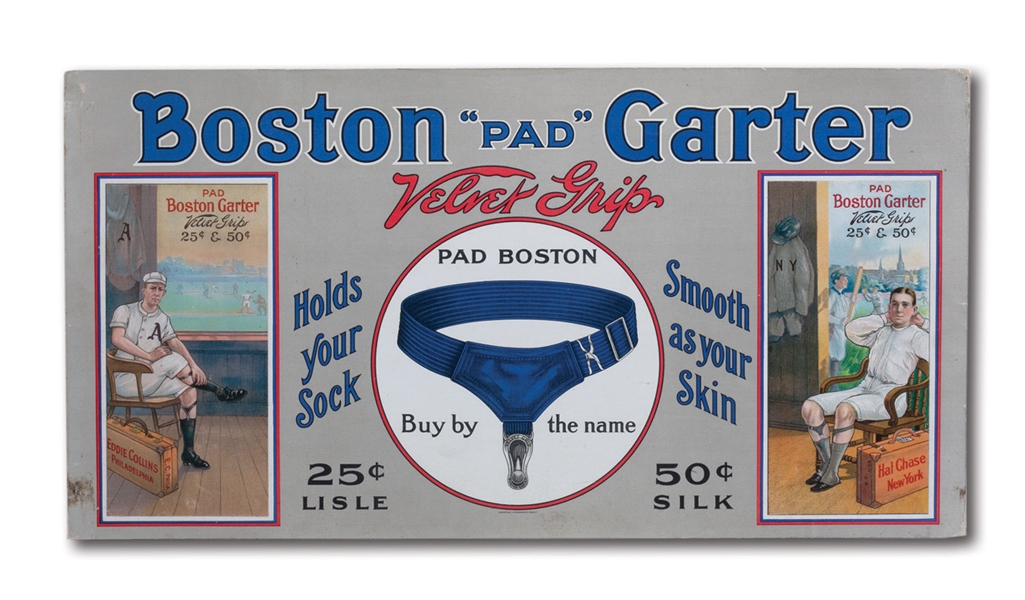 1912 BOSTON GARTER ADVERTISING SIGN FEATURING EDDIE COLLINS AND HAL CHASE