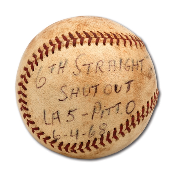 DON DRYSDALES 6/4/1968 GAME USED BASEBALL FROM HIS MLB RECORD 6TH STRAIGHT COMPLETE GAME SHUTOUT AND 2ND TO LAST START DURING HIS 58 2/3 SCORLESS INNINGS STREAK (DRYSDALE COLLECTION)