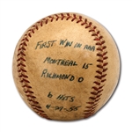 DON DRYSDALES 4/27/1955 GAME USED BASEBALL FROM HIS FIRST INTERNATIONAL LEAGUE (AAA) WIN WITH MONTREAL ROYALS (DRYSDALE COLLECTION)
