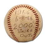 DON DRYSDALES 6/8/1966 GAME USED BASEBALL FROM GAME HE RECORDED 2,000TH CAREER STRIKE OUT (DRYSDALE COLLECTION)