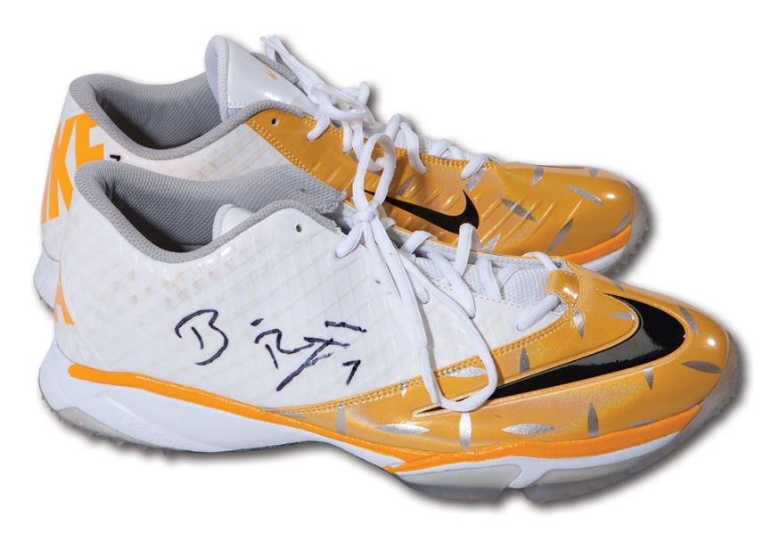BEN ROETHLISBERGERS 2013 PITTSBURGH STEELERS GAME WORN & DUAL SIGNED PAIR OF NIKE TURF SHOES FROM MULTIPLE ROAD GAMES (BIG BEN LOA)