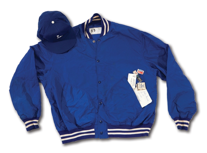 DON DRYSDALES 1980S LOS ANGELES DODGERS COACHS WORN WINDBREAKER AND CAP (DRYSDALE COLLECTION)