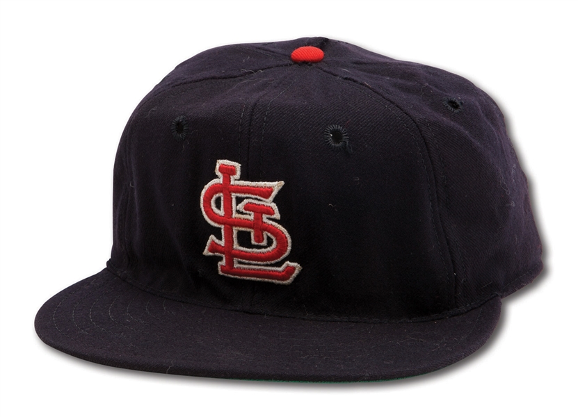 1964 DAL MAXVILL AUTOGRAPHED AND INSCRIBED ST. LOUIS CARDINALS WORLD SERIES GAME WORN CAP (DELBERT MICKEL COLLECTION)