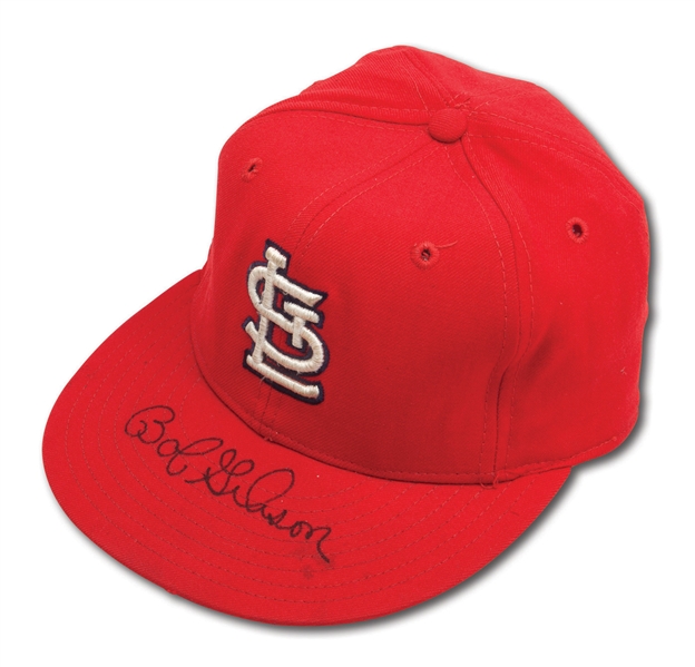 LATE 1960S BOB GIBSON AUTOGRAPHED ST. LOUIS CARDINALS GAME WORN CAP (DELBERT MICKEL COLLECTION)