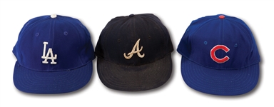 LATE 1960S - EARLY 1970S TRIO OF CHICAGO CUBS (B.WILLIAMS #26), L.A. DODGERS (W.DAVIS #3) & ATLANTA BRAVES (M.PEREZ #9) GAME WORN CAPS WITH PLAYER ATTRIBUTION