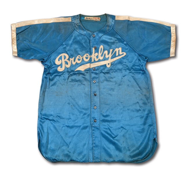 1944 AUGIE GALAN BROOKLYN DODGERS GAME WORN BLUE SATIN "NIGHT GAME" JERSEY - RARE ONE-YEAR STYLE (MEARS A9.5, DELBERT MICKEL COLLECTION)