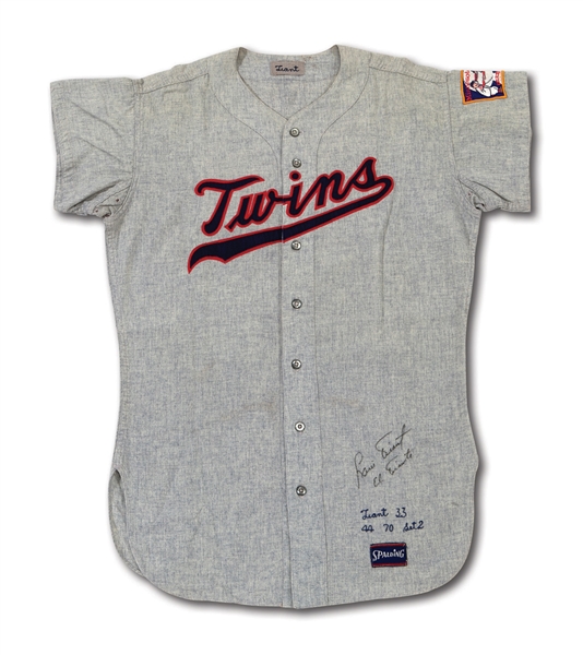 1970 LUIS TIANT AUTOGRAPHED MINNESOTA TWINS GAME WORN ROAD JERSEY (DELBERT MICKEL COLLECTION)